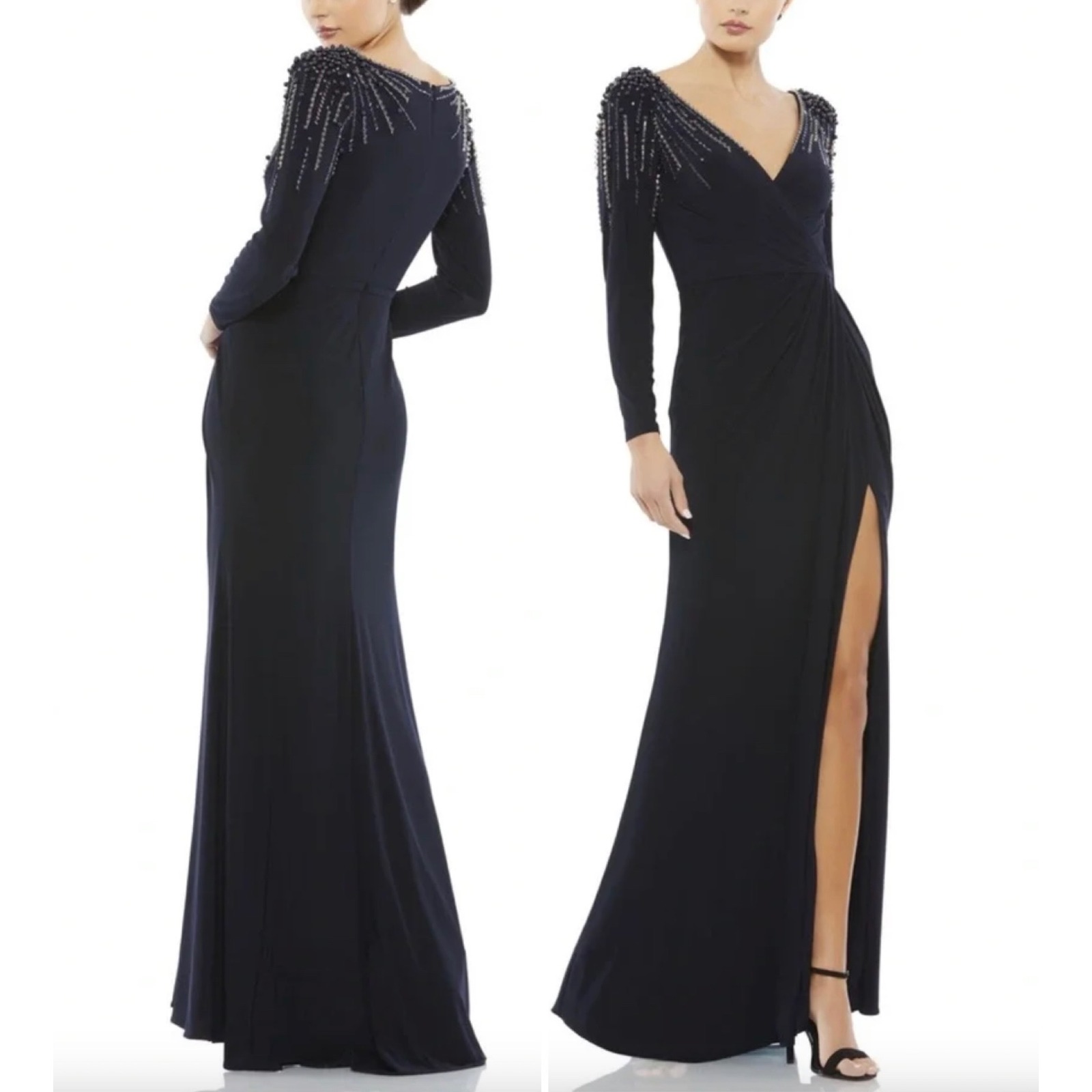 Mac Duggal Navy Stone Embellish Side Slit Gown Maxi Dress Long Sleeve